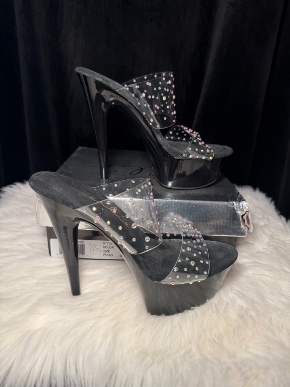 Ellie Black Platform Heels with Iridescent Crystal Straps
